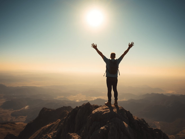 A hiker standing atop a rocky peak with arms outstretched, basking in the sunlight against a scenic mountain backdrop.