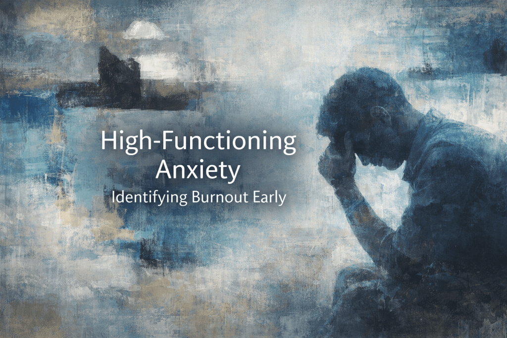 An abstract image depicting a person in a thoughtful pose, symbolizing high-functioning anxiety and burnout, with a blue and grey color palette. The text overlay reads 'High-Functioning Anxiety' and 'Identifying Burnout Early.'