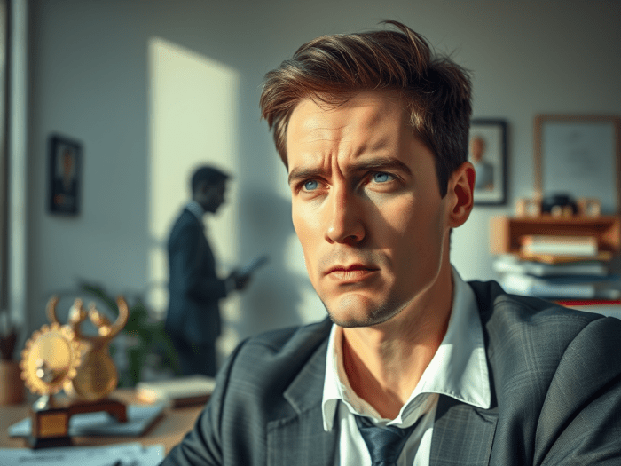 A close-up of a young businessman with blue eyes and styled hair, looking serious in an office setting, with a blurred figure in the background holding a document.