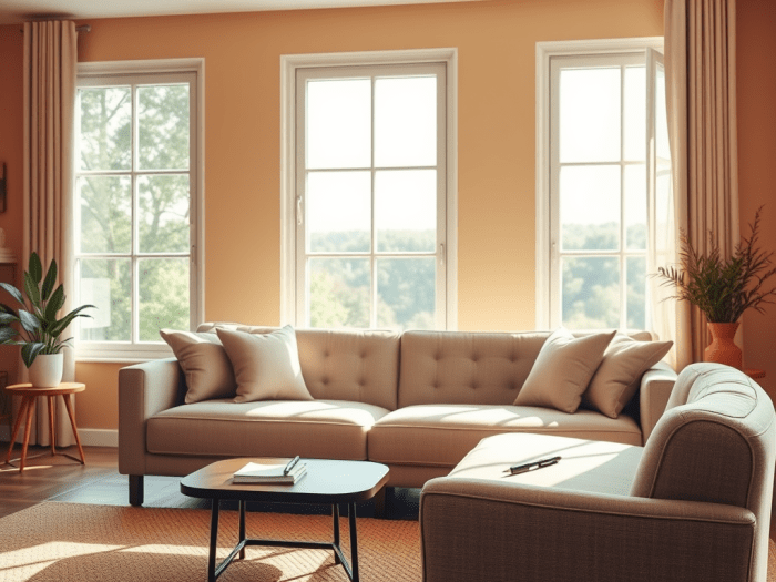 Cozy living room with a light-colored sofa, surrounded by large windows allowing natural light, a coffee table in front, and a potted plant in the corner.