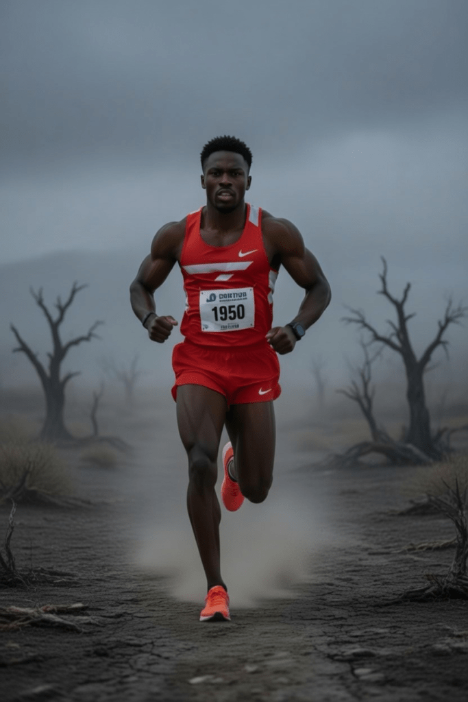 A male runner wearing a red athletic outfit and number 1950, sprinting on a dry, cracked landscape with a cloudy sky.