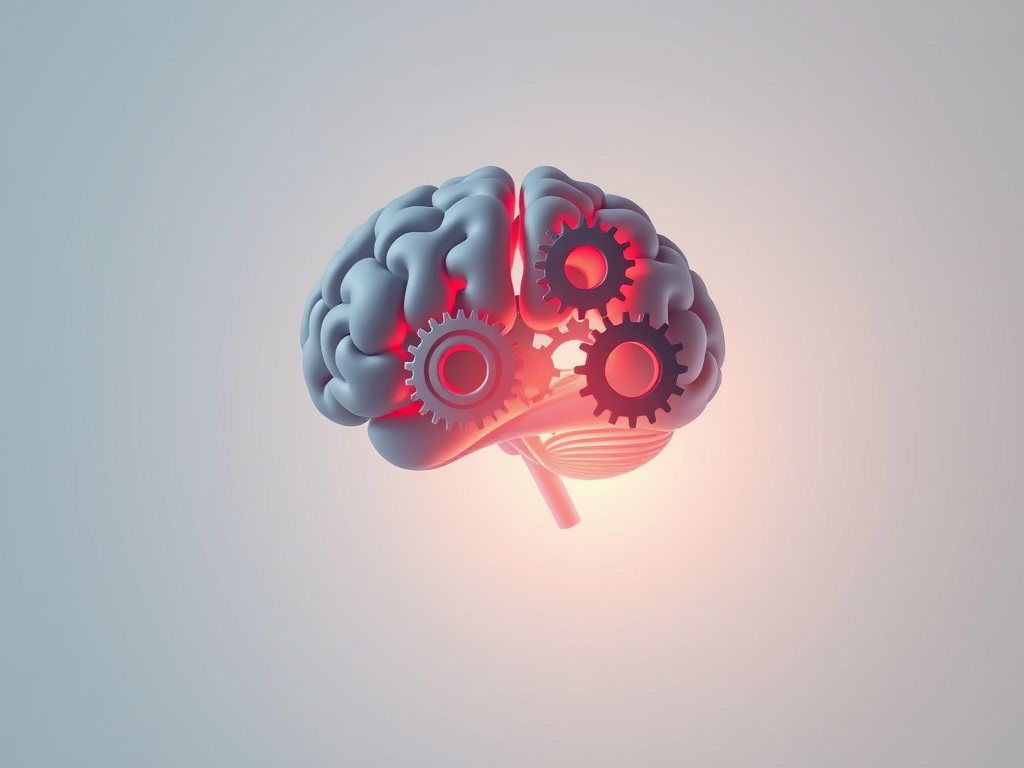 A 3D illustration of a human brain with mechanical gears integrated into its structure, glowing with a soft red light against a pale background.