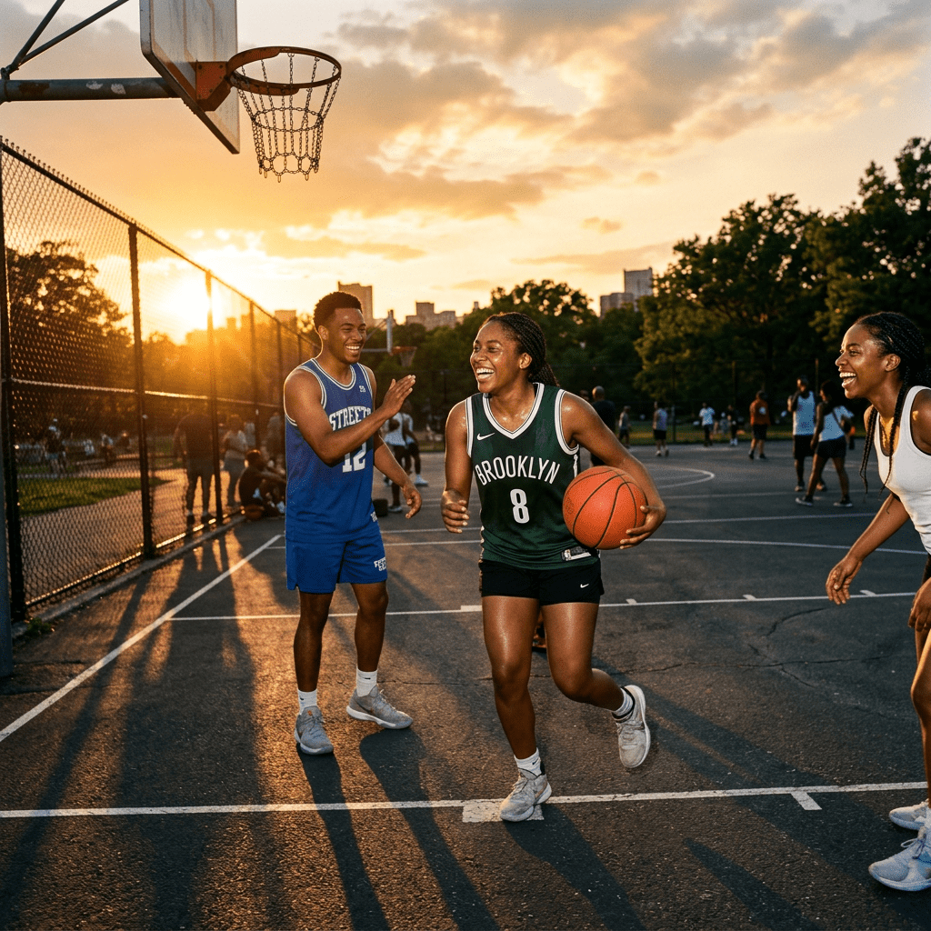 Three people playing basketball and laughing on an outdoor court at sunset