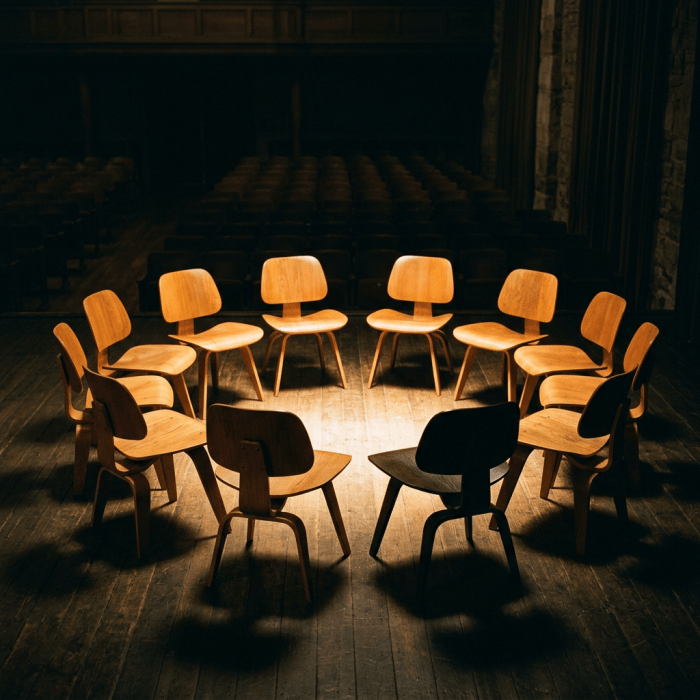 A circle of wooden chairs arranged on a stage with theater seats in background