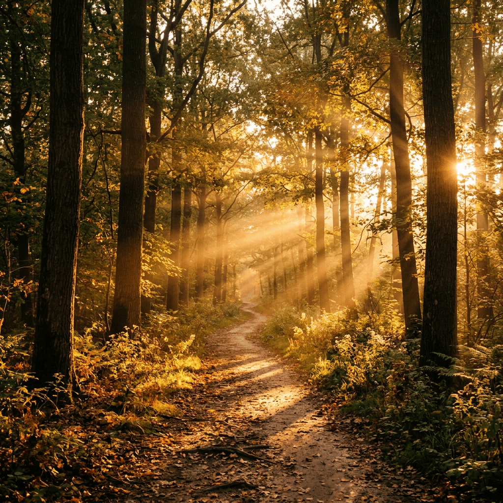 Forest path with sun rays shining through tall trees and leafy plants