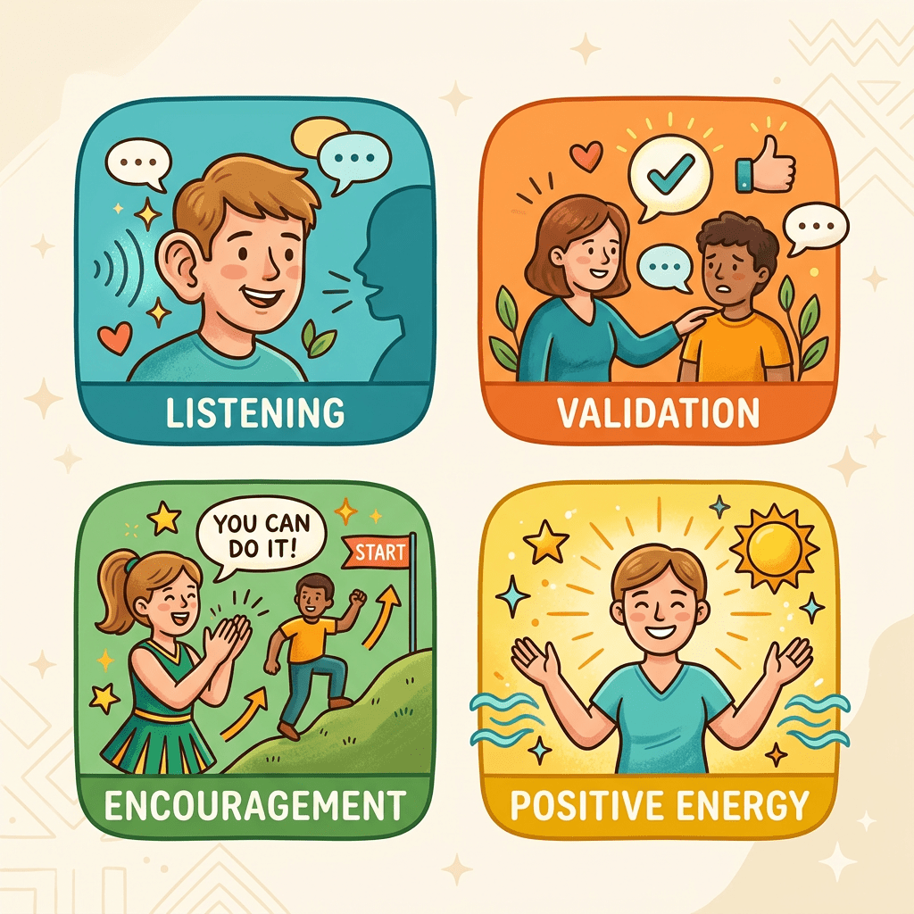 Four illustrations labeled listening, validation, encouragement, and positive energy showing supportive communication