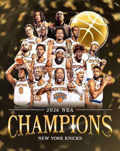Collage of New York Knicks players celebrating their 2026 NBA Championship victory with a basketball graphic in the background.
