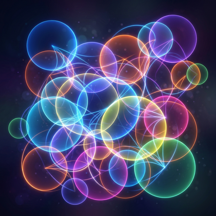 Brightly colored transparent bubbles connected by glowing neon lines on dark background