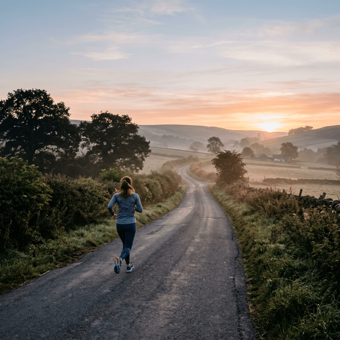 Person jogging on rural road at sunrise with rolling hills and trees